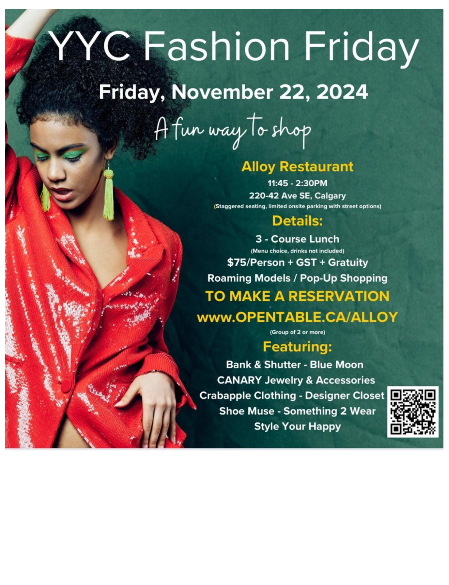 JOIN US! November 22, 2024 Edition of #YYCFashionFriday at Alloy Restaurant