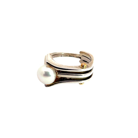 Pearl Ring set in Sterling Silver with 14K Gold accents, Size 7.75