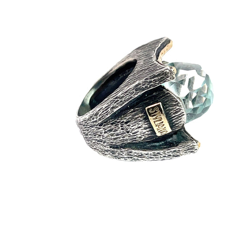 STYLIANO Ring in 9K Gold and Sterling Silver with Blue Topaz, Size 7.5