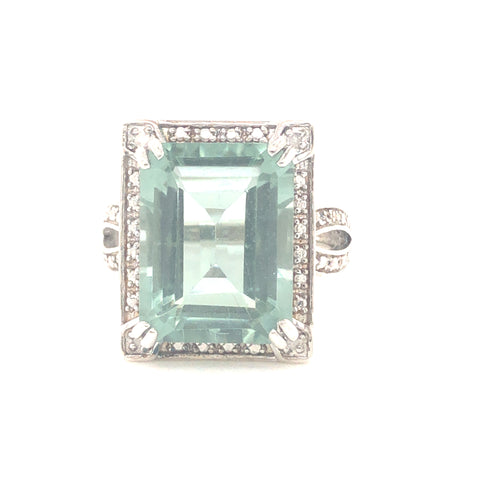 Ring in Sterling Silver with Aqua Blue Quartz and Diamonds, Size 7.5