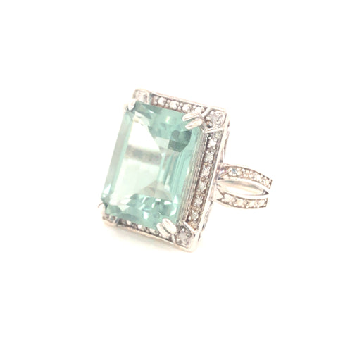 Ring in Sterling Silver with Aqua Blue Quartz and Diamonds, Size 7.5