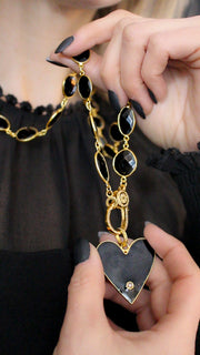 Black Spinel Bezel Necklace with Gold Pave Diamond Clasp & Enamel & Diamond Pendant, 30"