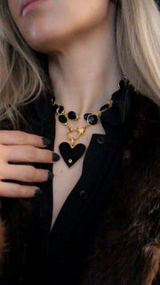 Black Spinel Bezel Necklace with Gold Pave Diamond Clasp & Enamel & Diamond Pendant, 30"