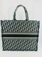 CHRISTAIN DIOR Ecru & Blue Oblique Embroidery Large Tote