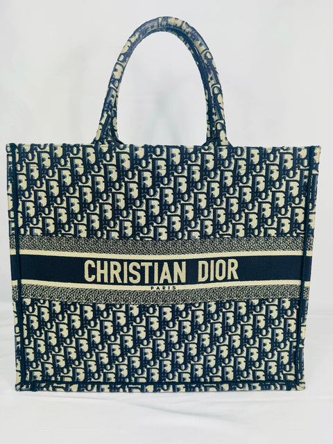 CHRISTAIN DIOR Ecru & Blue Oblique Embroidery Large Tote