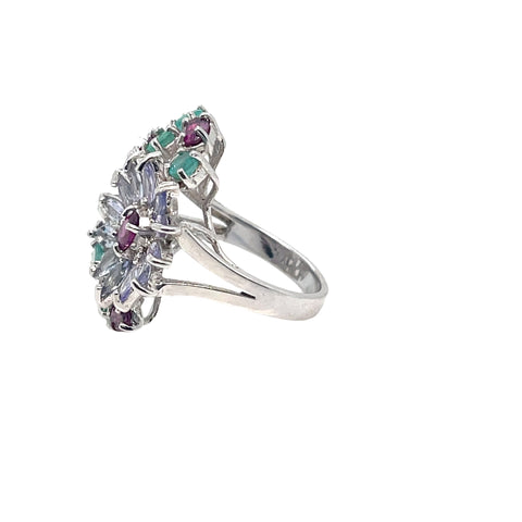 Ring in Sterling Silver with Emeralds, Tanzanites and Garnets, Size 7
