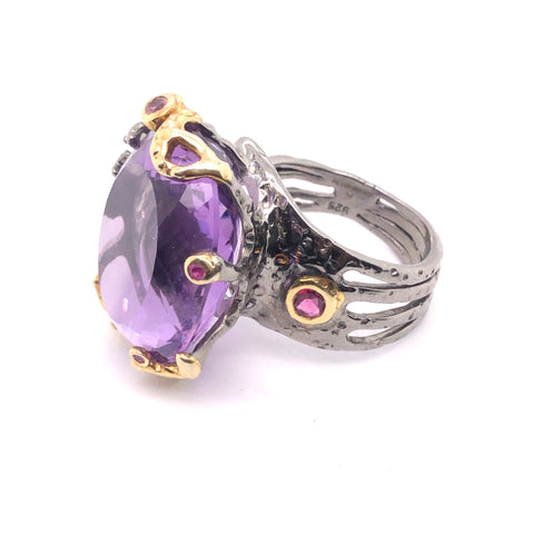 32Ct Amethyst Ring with Tourmalines in Sterling Silver, Size 8.25