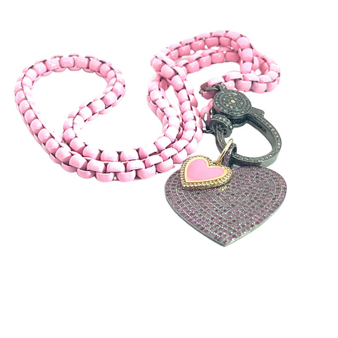 Pink Enamel Necklace, 18" & Sapphire Heart and Enamel and Diamond Pendants