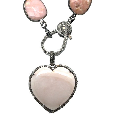 Pink Opal Necklace with Pave Diamond Clasp & Pink Opal and Pave Diamond Heart Pendant