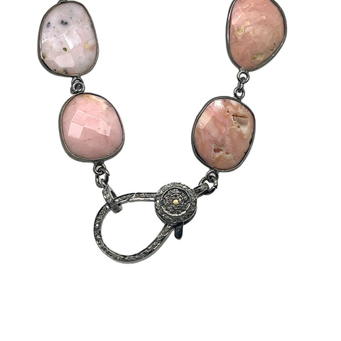 Pink Opal Necklace with Pave Diamond Clasp & Pink Opal and Pave Diamond Heart Pendant
