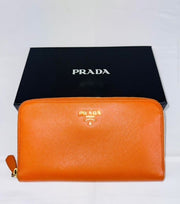 Prada Orange Saffiano Leather Zip Wallet