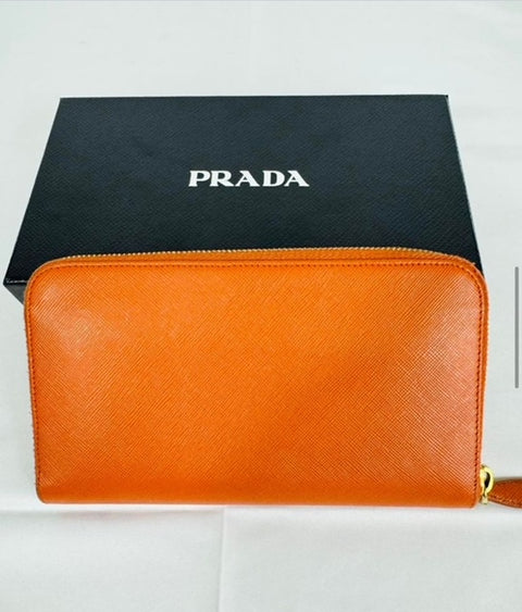 Prada Orange Saffiano Leather Zip Wallet