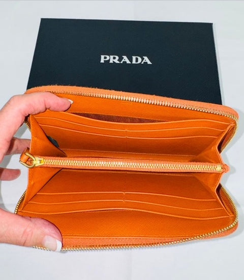 Prada Orange Saffiano Leather Zip Wallet