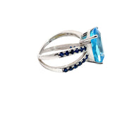 Ring in 18K White Gold with Blue Topaz and Blue Sapphires, Size 7.25