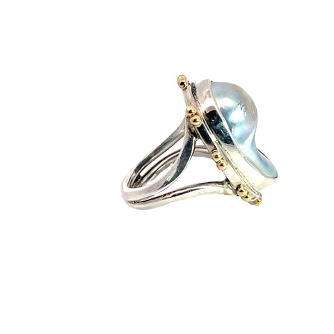Mabe Pearl Ring in Sterling Silver with 10K Gold Bead Accents, Size 7.75