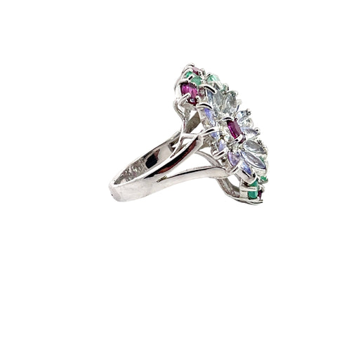 Ring in Sterling Silver with Emeralds, Tanzanites and Garnets, Size 7