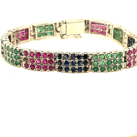 Bracelet in Sterling Silver with Emeralds, Sapphires and Rubies, 7"