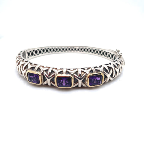 Bangle Bracelet in Sterling Silver and Yellow Gold with Purple Amethyst, 8.5"