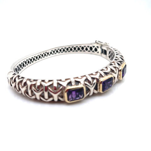Bangle Bracelet in Sterling Silver and Yellow Gold with Purple Amethyst, 8.5"
