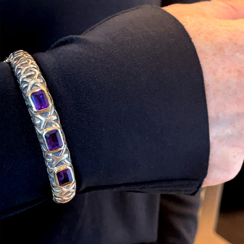 Bangle Bracelet in Sterling Silver and Yellow Gold with Purple Amethyst, 8.5"