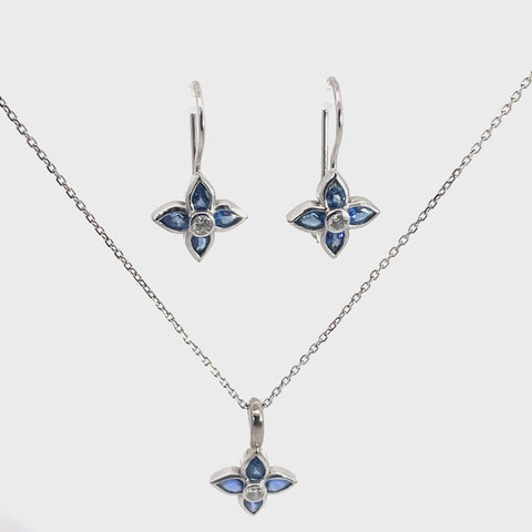 Sapphire and Diamond Earrings and Pendant set in 18K White Gold