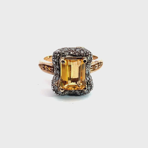Ring in gold-plated Sterling Silver with Citrine and Diamonds, Size 7.5