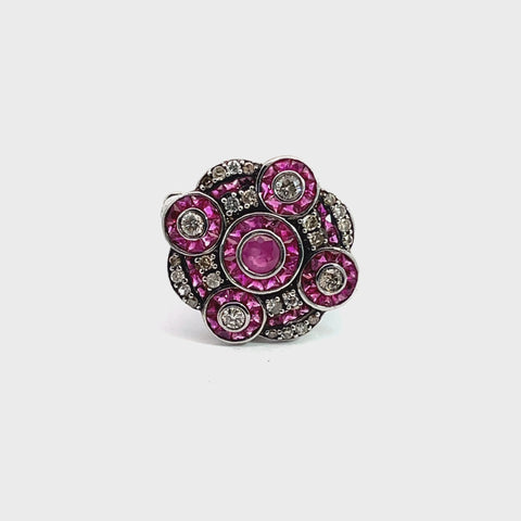 Ring in Sterling Silver with Rubies and Diamonds, Size 6.5