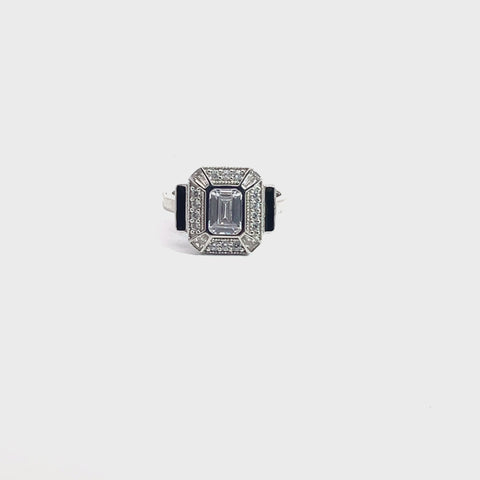 Cubic Zirconia & Black Enamel Cocktail Ring in Sterling Silver, Size 6-8 (adjustable)