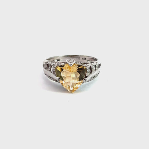 Ring in 10K White Gold with Yellow Citrine and Diamonds, Size 8