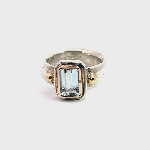 Ring in Sterling Silver and 14K Yellow Gold with Aquamarine, Size 6