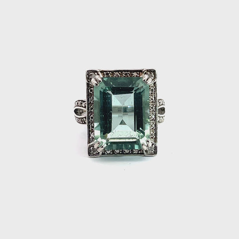 Ring in Sterling Silver with Aqua Blue Quartz and Diamonds, Size 7.5