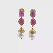 Poppy Ruby and Pearl Drop Earrings in gold-plated Sterling Silver