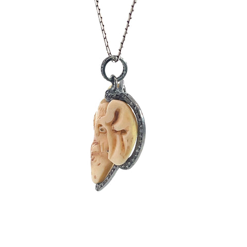 Pendant in bone, set in Sterling Silver, with Diamonds & Sterling Silver Chain, 18"