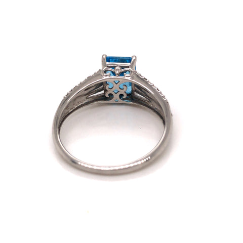 Ring in 14Kt White Gold with Blue Topaz and Diamonds, Size 7