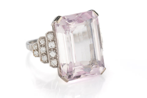 Art Deco Pink Kunzite and Diamond Ring