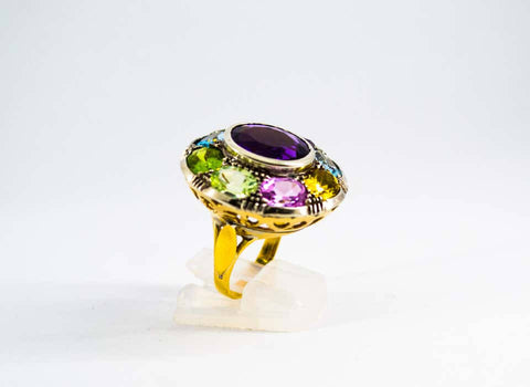 Statement Ring in Sterling Silver and 9K Yellow Gold with Amethyst, Topaz, Quartz, Peridot, Citrine, Size 7.5