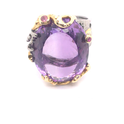32Ct Amethyst Ring with Tourmalines in Sterling Silver, Size 8.25
