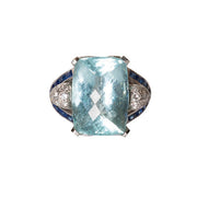 Cushion cut Aquamarine, Sapphire and Diamond ring in Platinum