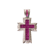 Cross Pendant in 18K White Gold with Rubies and Diamonds