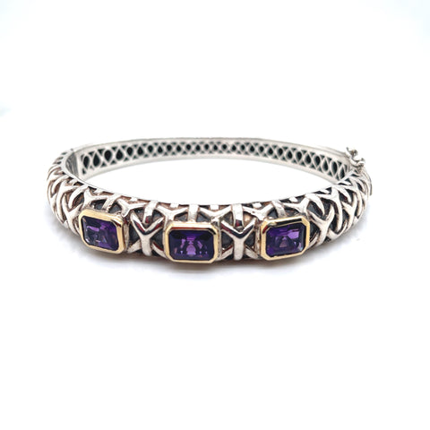 Bangle Bracelet in Sterling Silver with 14K Yellow Gold accents and Purple Amethysts