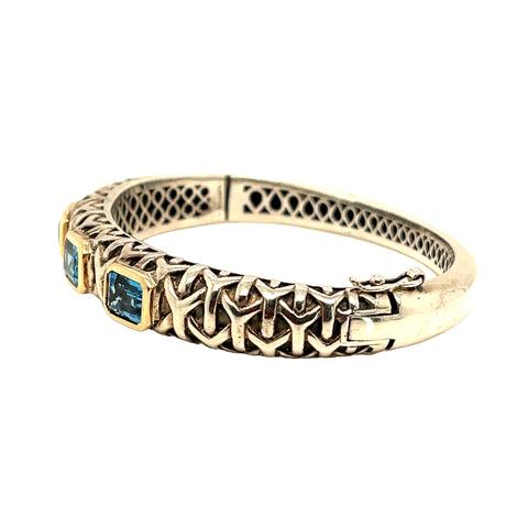 Bangle Bracelet in Sterling Silver and 14K Yellow Gold with Blue Topaz, 8.5"